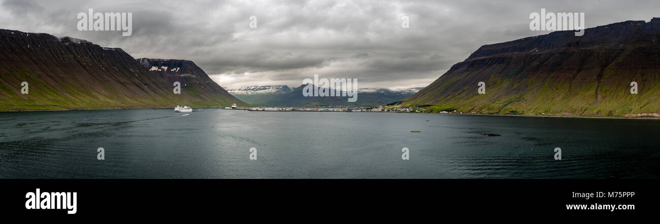 Panorama of fjord and town at Isafjordur, Iceland Stock Photo