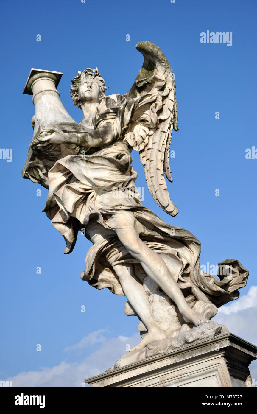 Marble statue of Angel with the Column by Antonio Raggi. Ponte Sant Angelo bridge, Rome, Italy Stock Photo