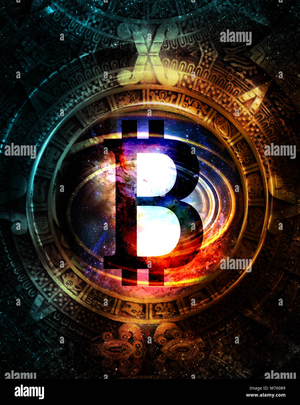 Bitcoin cryptocurrency concept and maya calendar, graphic collage in cosmic  space Stock Photo - Alamy