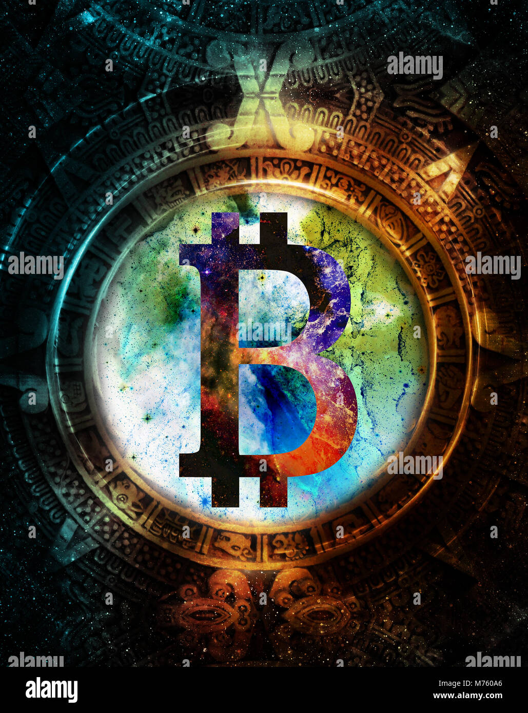 Bitcoin cryptocurrency concept and maya calendar, graphic collage in cosmic  space Stock Photo - Alamy