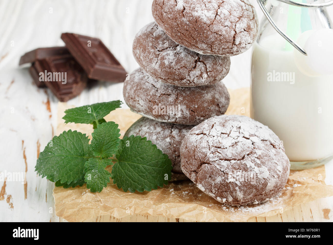 Chocolate Crinkles.  cookies with powdered sugar. Selective focus Stock Photo