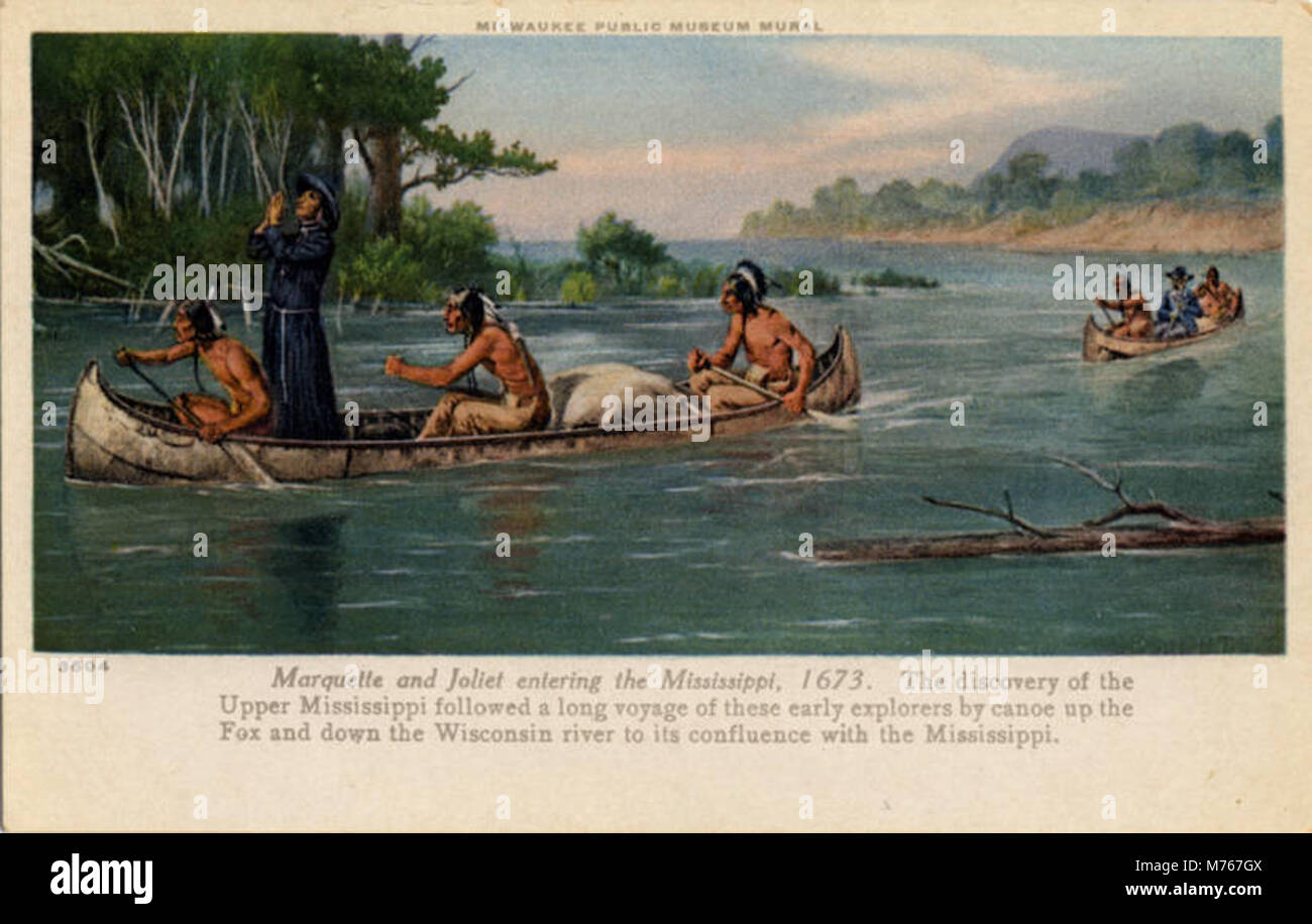 Marquette and Joliet entering the Mississippi, 1673, Milwaukee Public