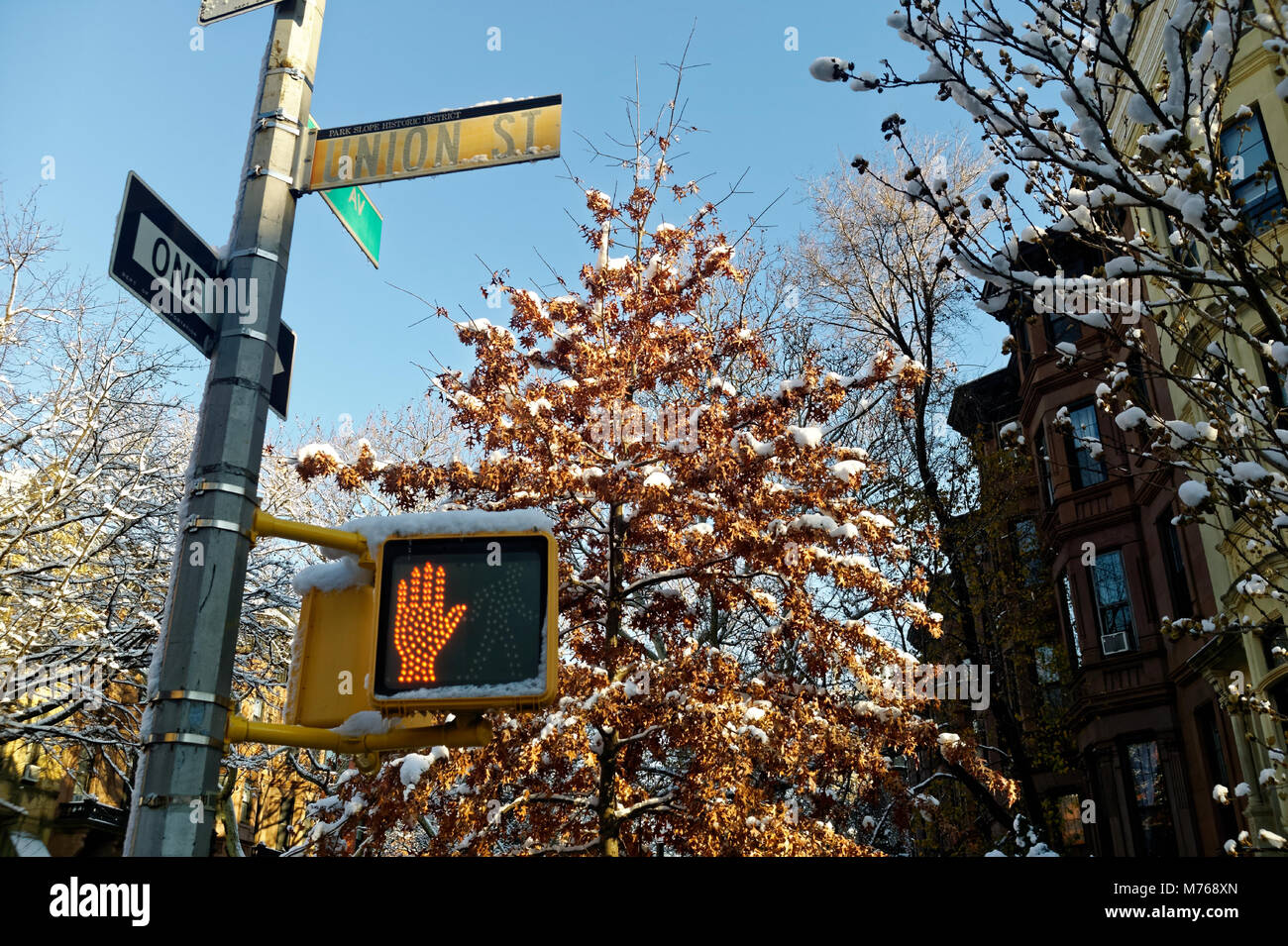 Crossing and street sign in Union Street, Park Slope Brooklyn. Stock Photo