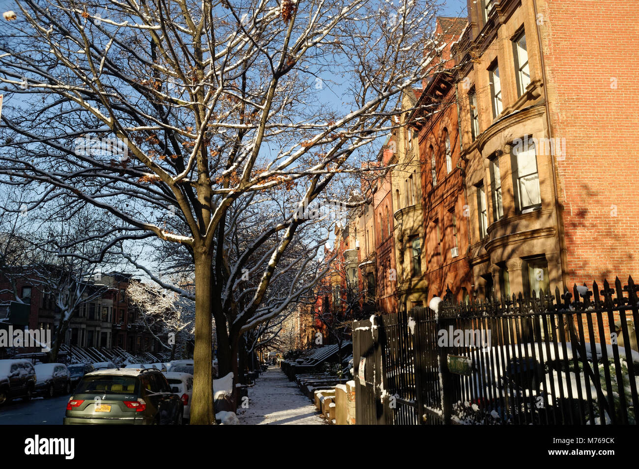 Brownstones in the historic district of Park Slope, Brooklyn, New York City, New York. Stock Photo