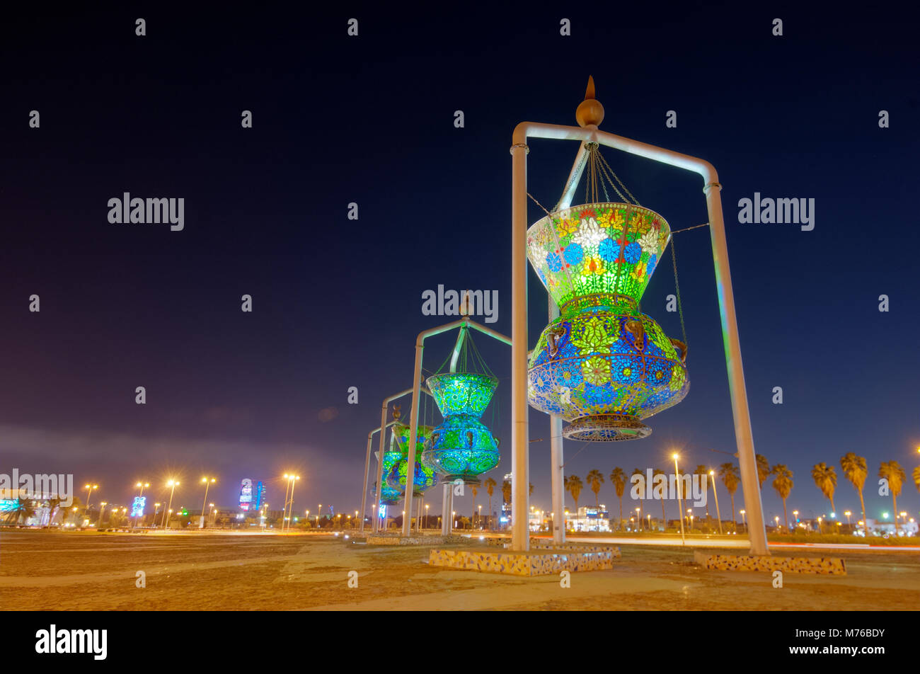Jeddah Landmark, Islamic Design Monument Antique Lights Sculpture, Saudi Arabia Stock Photo