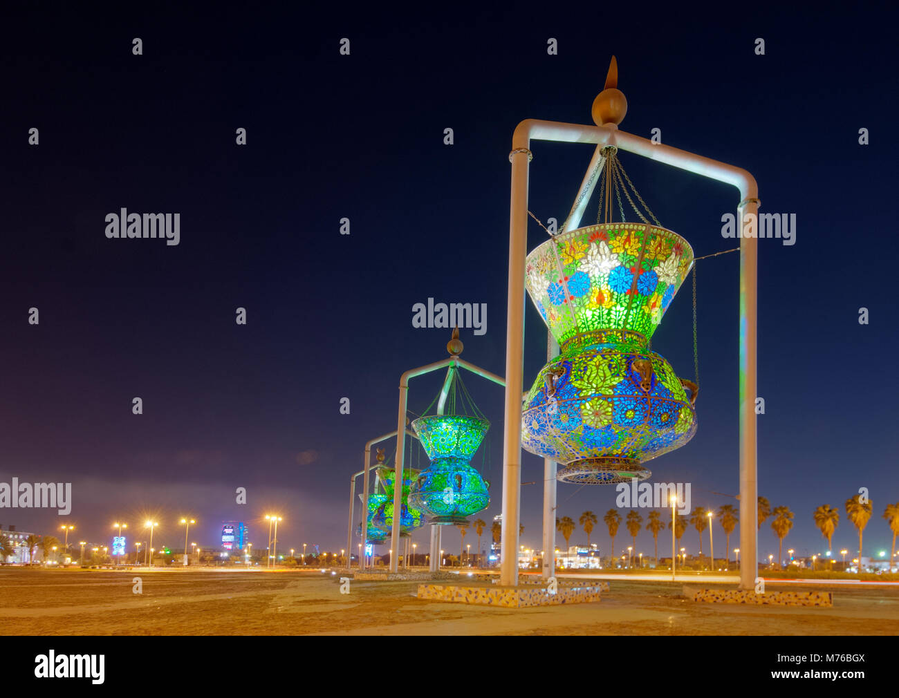 Jeddah Landmark, Islamic Design Monument Antique Lights Sculpture, Saudi Arabia Stock Photo