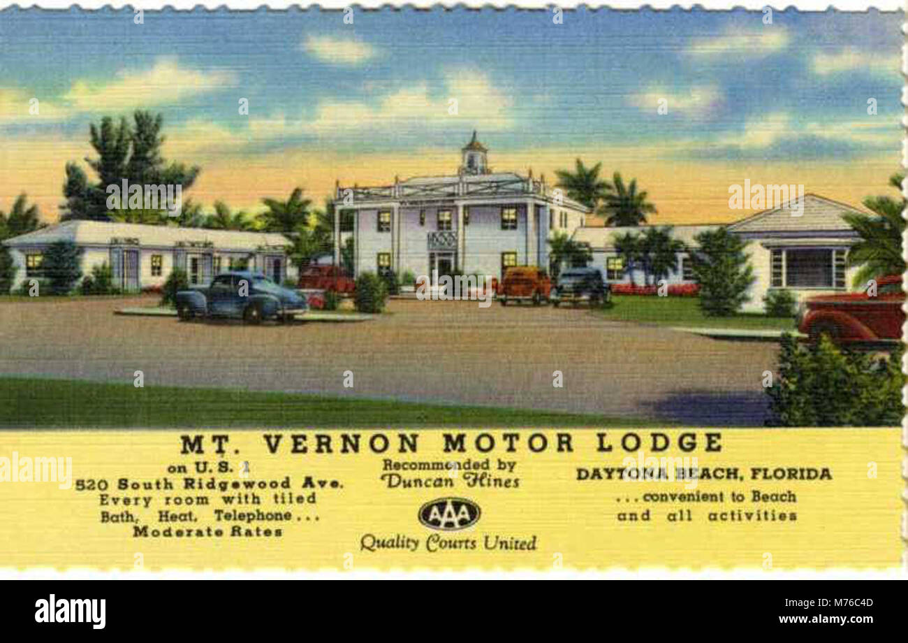 A photograph of the Mt. Vernon Motor Lodge located on US 1 at 520 South Ridgewood Ave. The lodge is recommended by Duncan Hines, known for his travel guides and restaurant reviews. Stock Photo