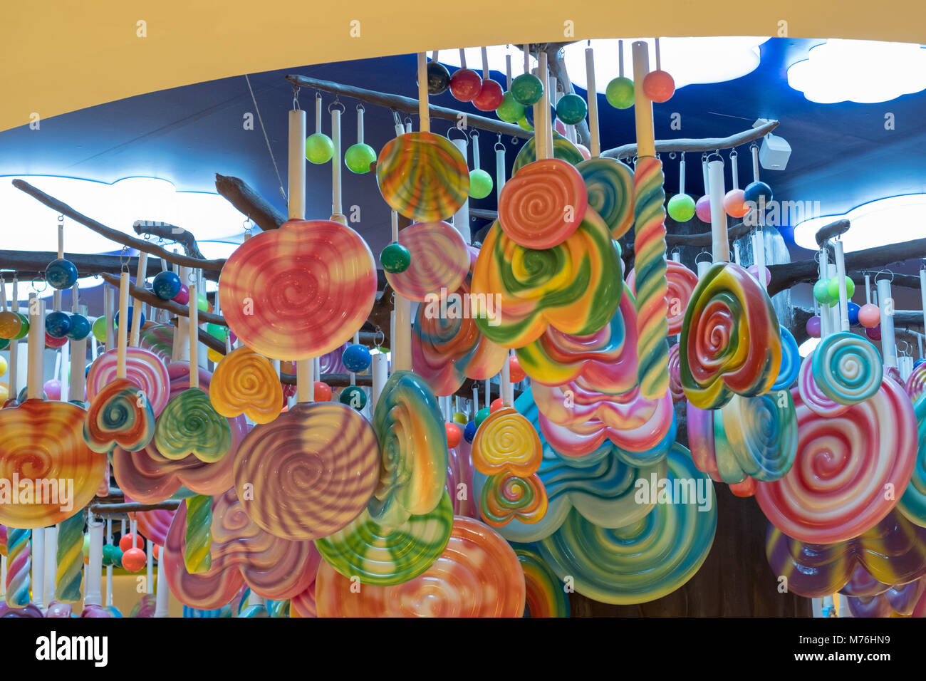 Giant Lollipops Hanging From Ceiling At Candy Shop In Yas Mall Abu