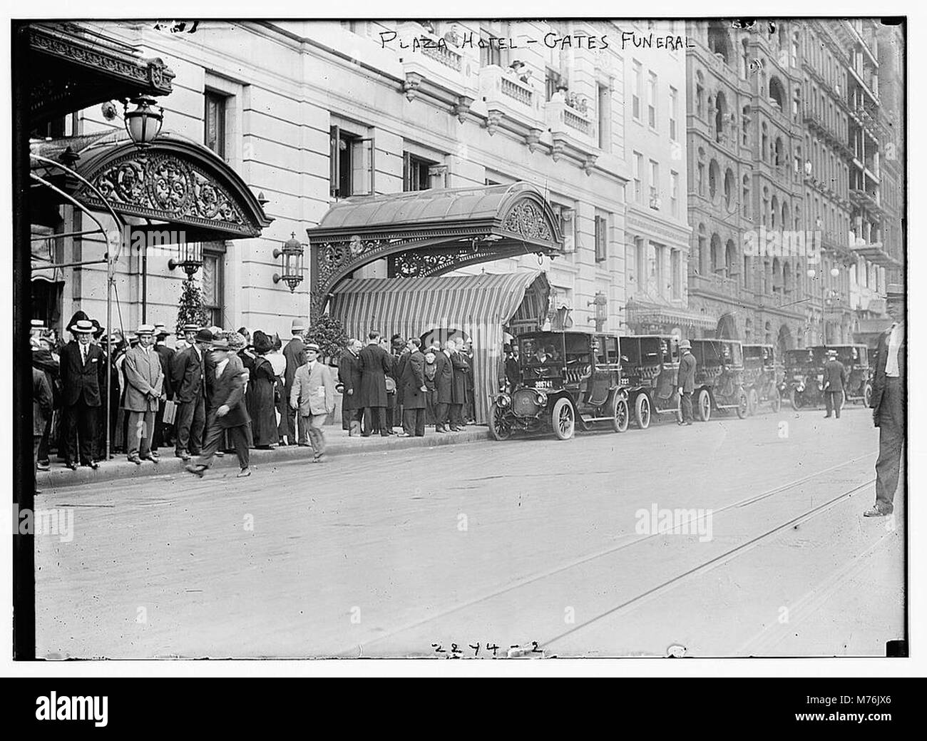 A photograph showing the Plaza Hotel during the Gates Funeral