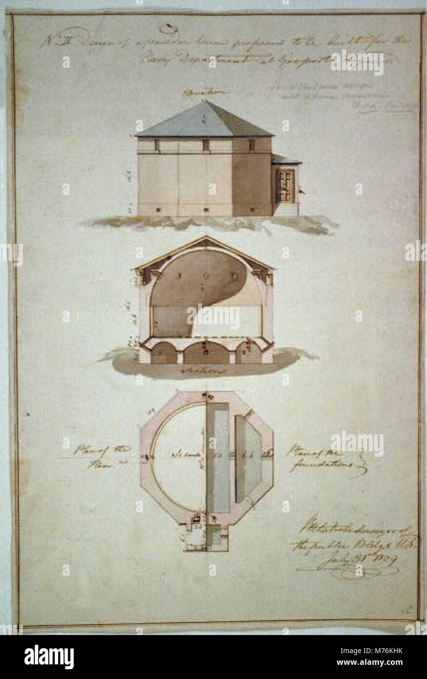 Powder magazine for the Navy Department, Gosport Navy Yard, Portsmouth, Virginia. Elevation, section, plan LCCN2001698955 Stock Photo