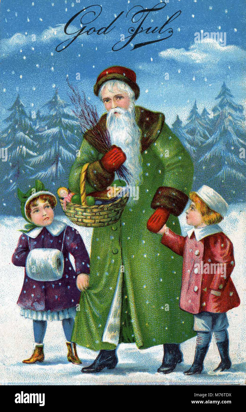 Santa green robe, brown fur trim, basket full of toys, God Fulz (NBY 1426) Stock Photo