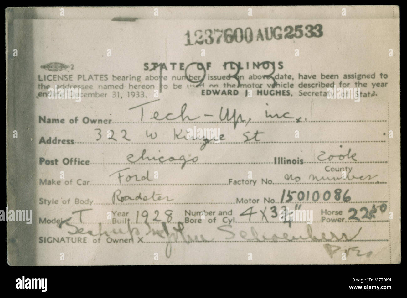 State of Illinois Motor Vehicle Registration Card for Tech-Up, 1933 (NBY  6548 Stock Photo - Alamy