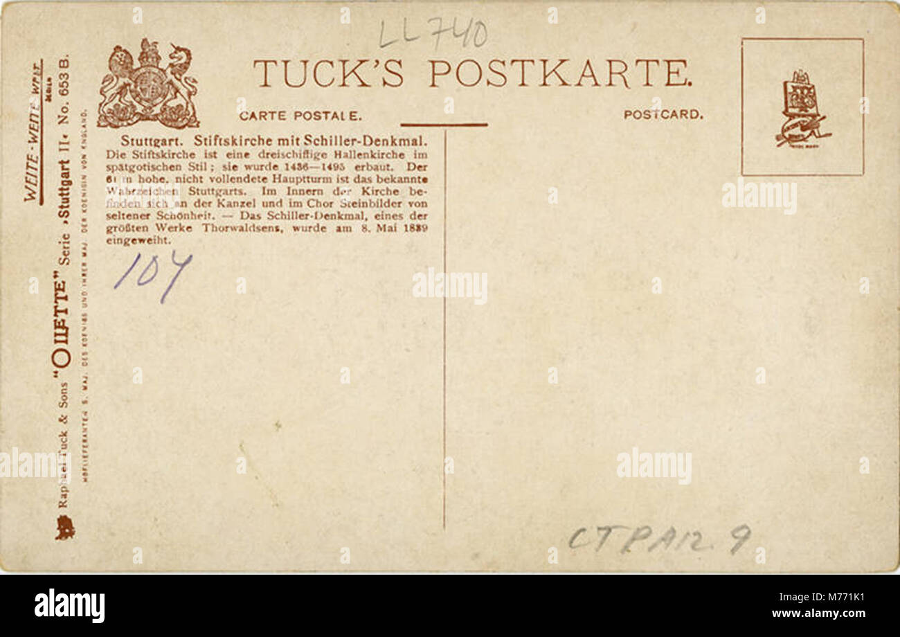 A view of the Stiftskirche and Schiller Monument in Stuttgart, Germany ...