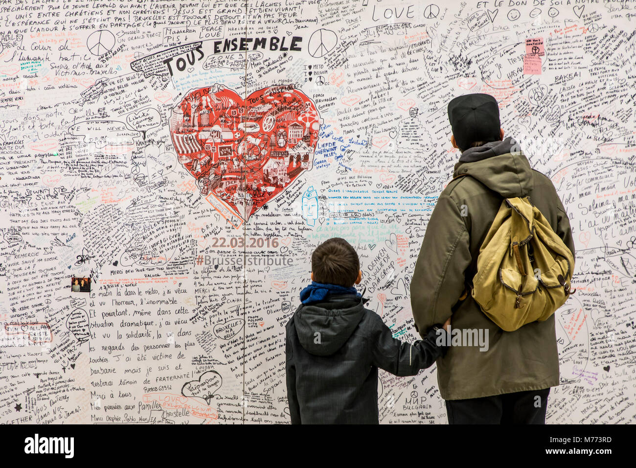 Memorial, commemorative plaque, for victims of terrorism in Maelbeek subway station, Maalbeek, in which 20 people were killed in a bomb attack on 22.0 Stock Photo
