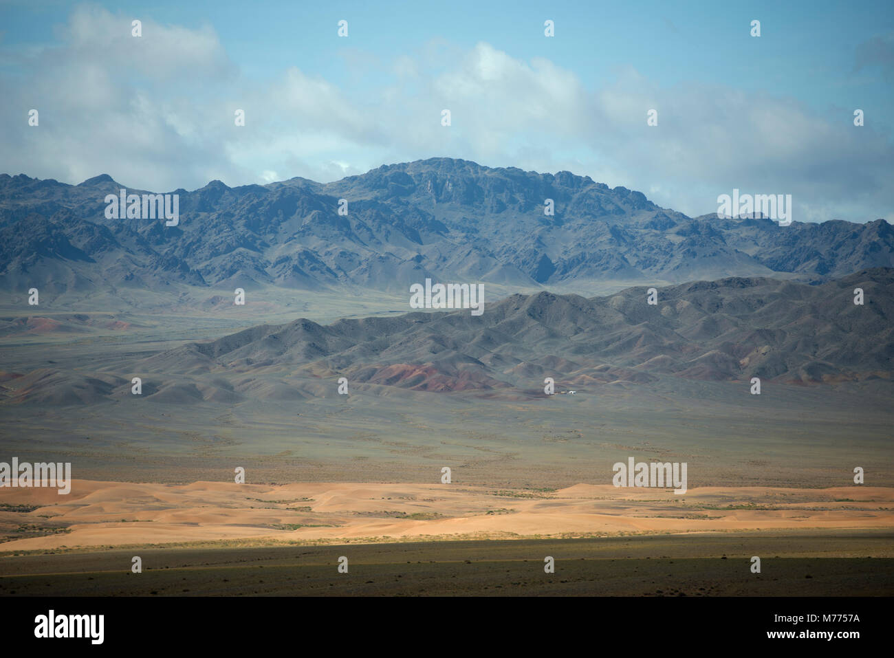 Difficult to spot at first, this tiny settlement shows the isolation of a nomadic community in the mountains of Mongolia's Gobi Destert. Stock Photo
