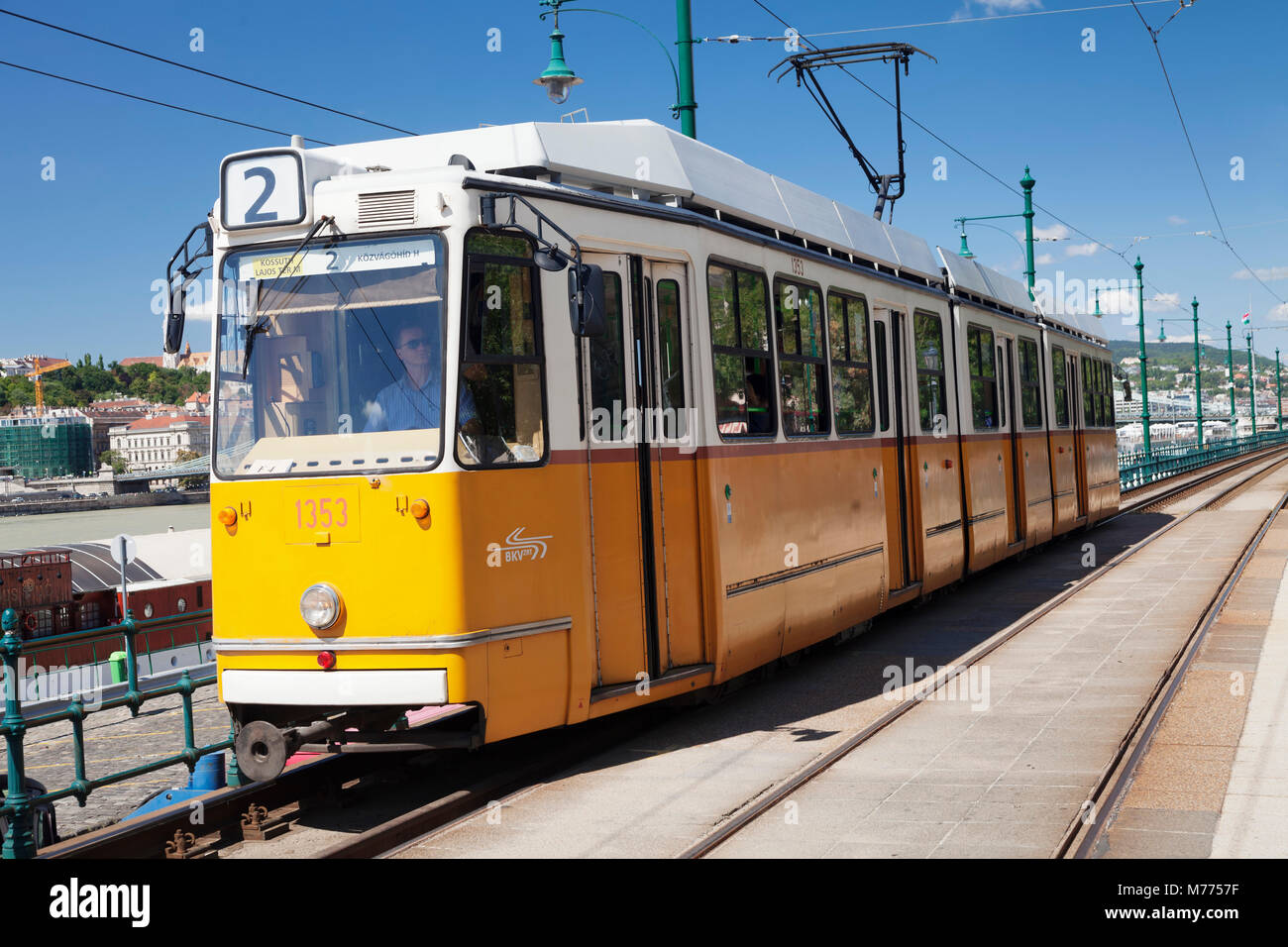 Tram at riverwalk, Pest district, Budapest, Hungary, Europe Stock Photo