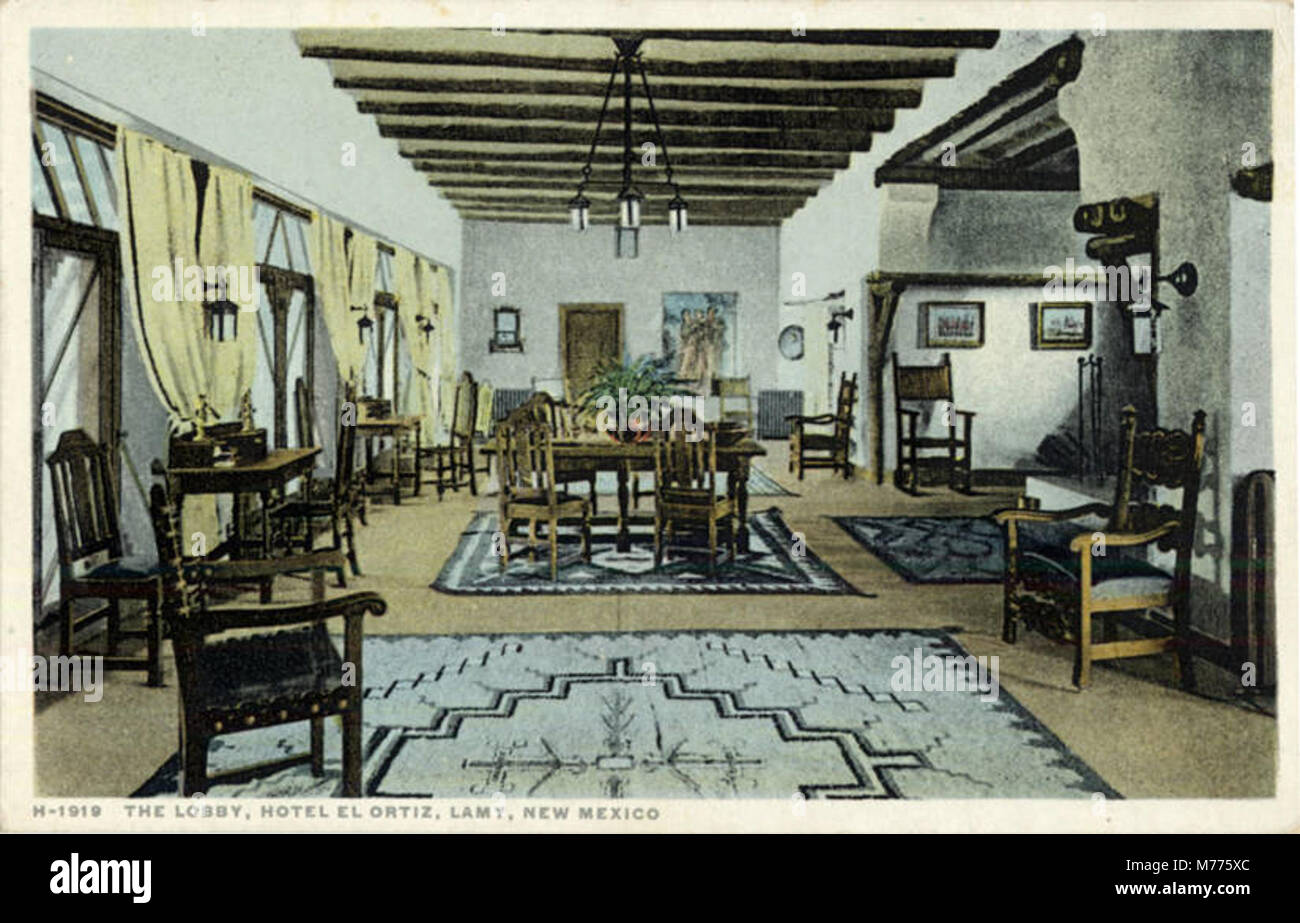 The Lobby, Hotel el Ortiz, Lamy, New Mexico. Fred Harvey series. Lamy