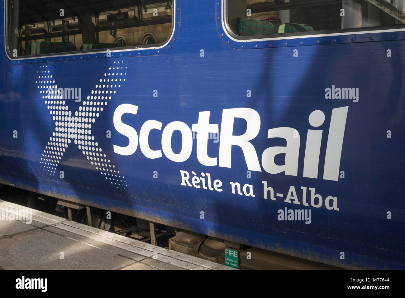 ScotRail logo on the side of a carriage with Gaelic Rèile na h-Alba (Scotland's Railway) Stock Photo