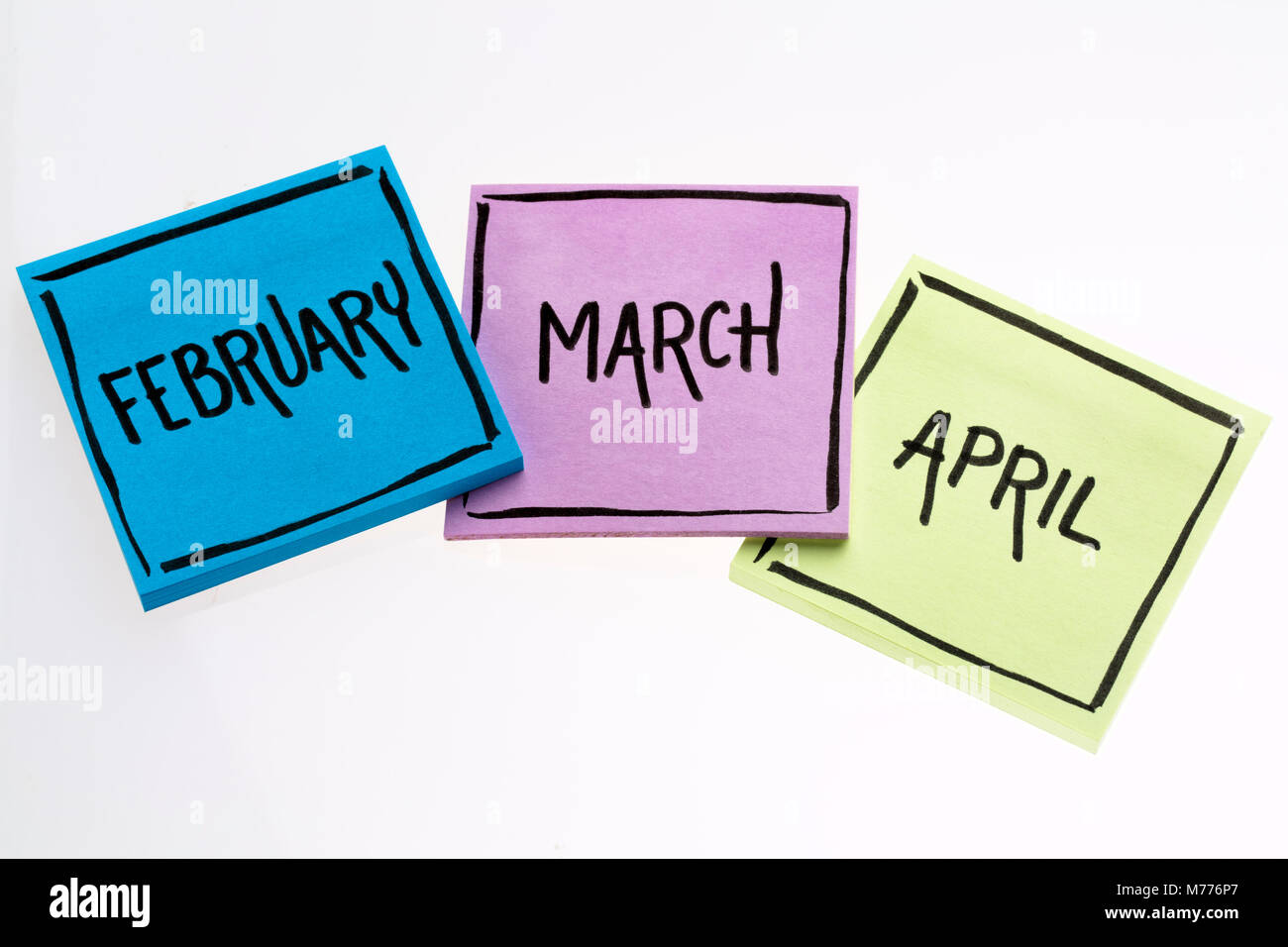 February, March and April handwriting in black ink on isolated sticky