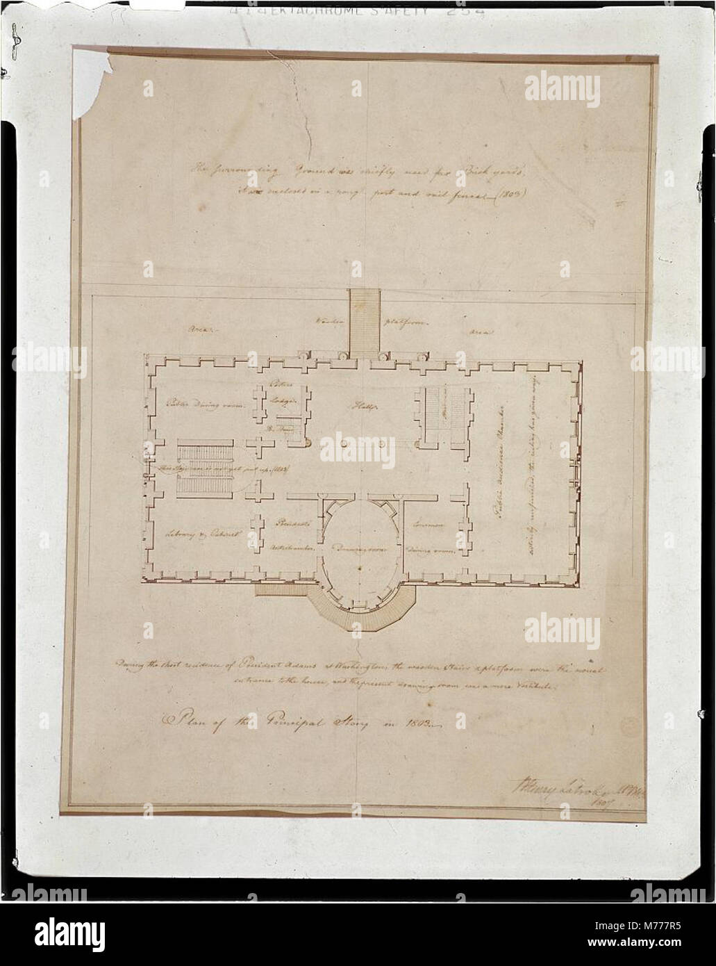 A measured floor plan of the principal story of the White House, also known  as the President's House, located in Washington, D.C. This architectural  illustration provides insight into the design and layout, image size:1031x1390