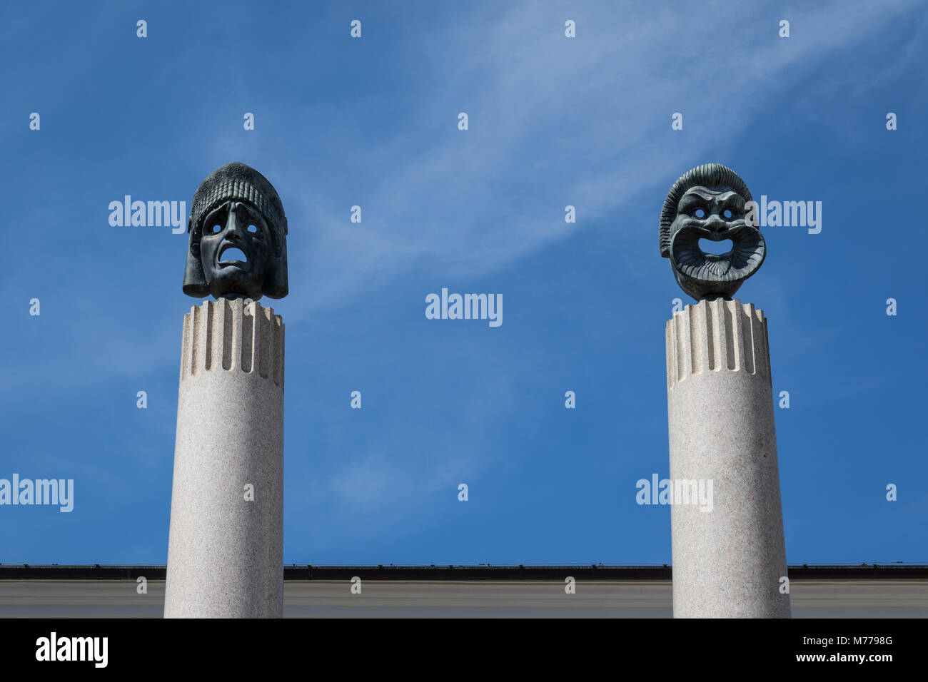 Tragedy and comedy mask, part of the Adelaide Ristori monument - Cividale del Friuli, Italy Stock Photo