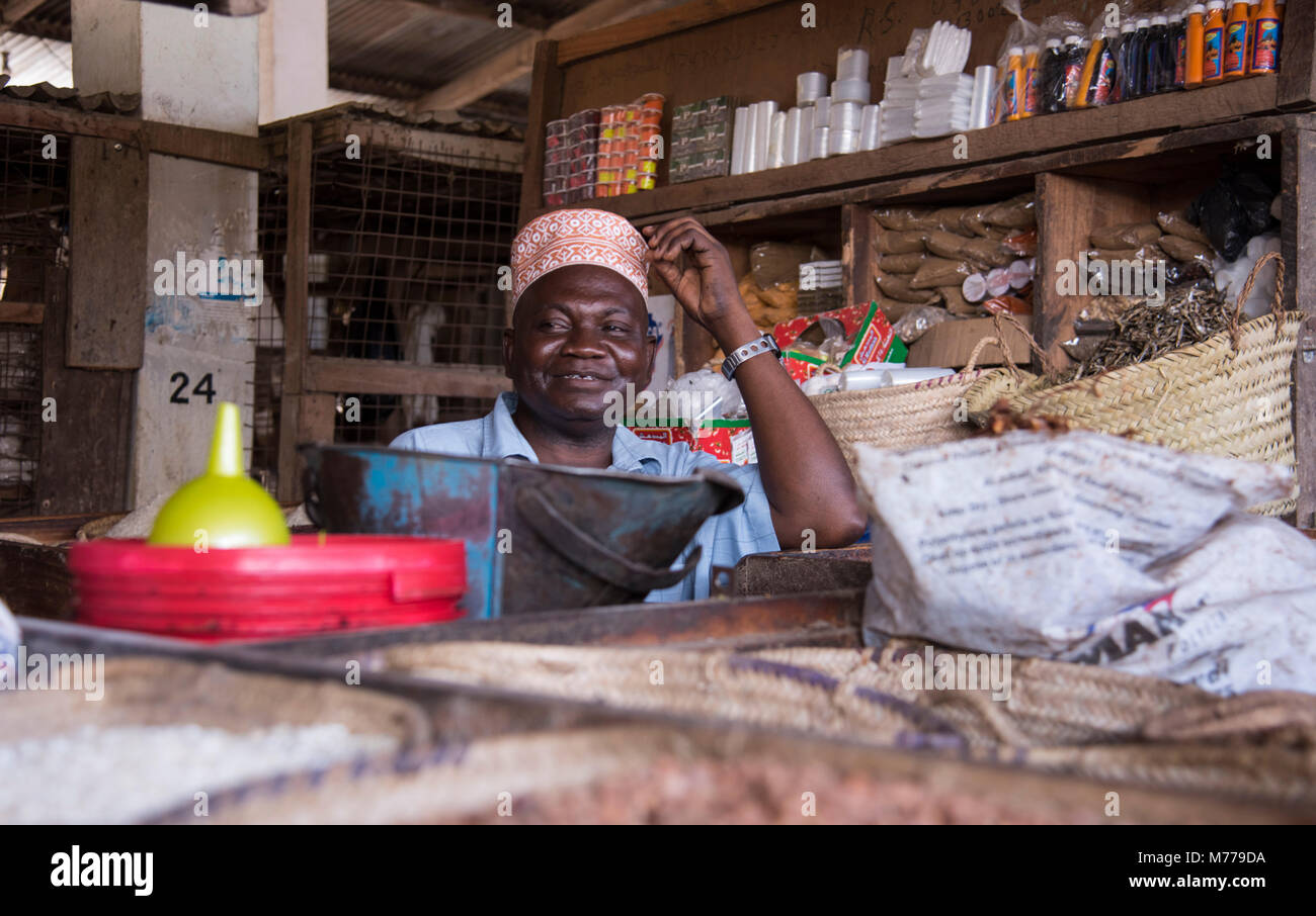 A man wearing a traditional kofia in the market in Pangani, Tanzania, East Africa, Africa Stock Photo