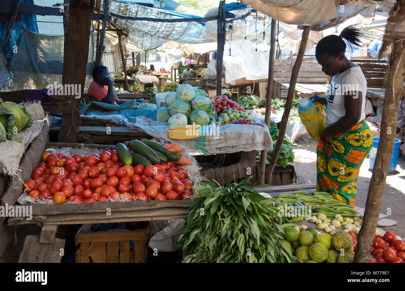 A wide variety of colourful fruit and vegetables on sale in the market in Pangani, Tanzania, East Africa, Africa Stock Photo