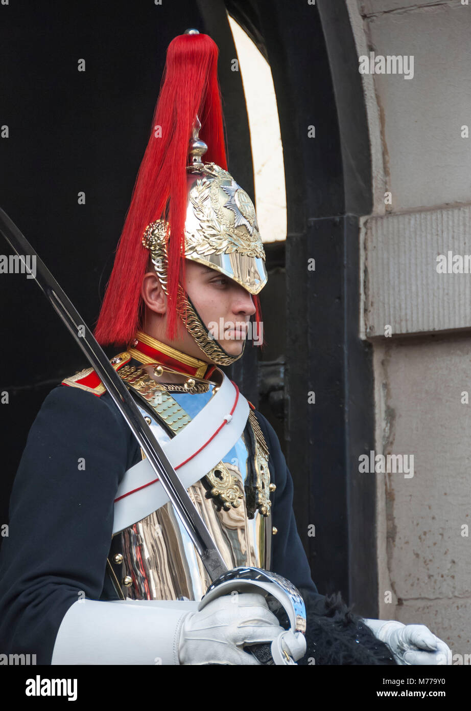 Mounted Guardsman in Whitehall, London, England, United Kingdom, Europe Stock Photo
