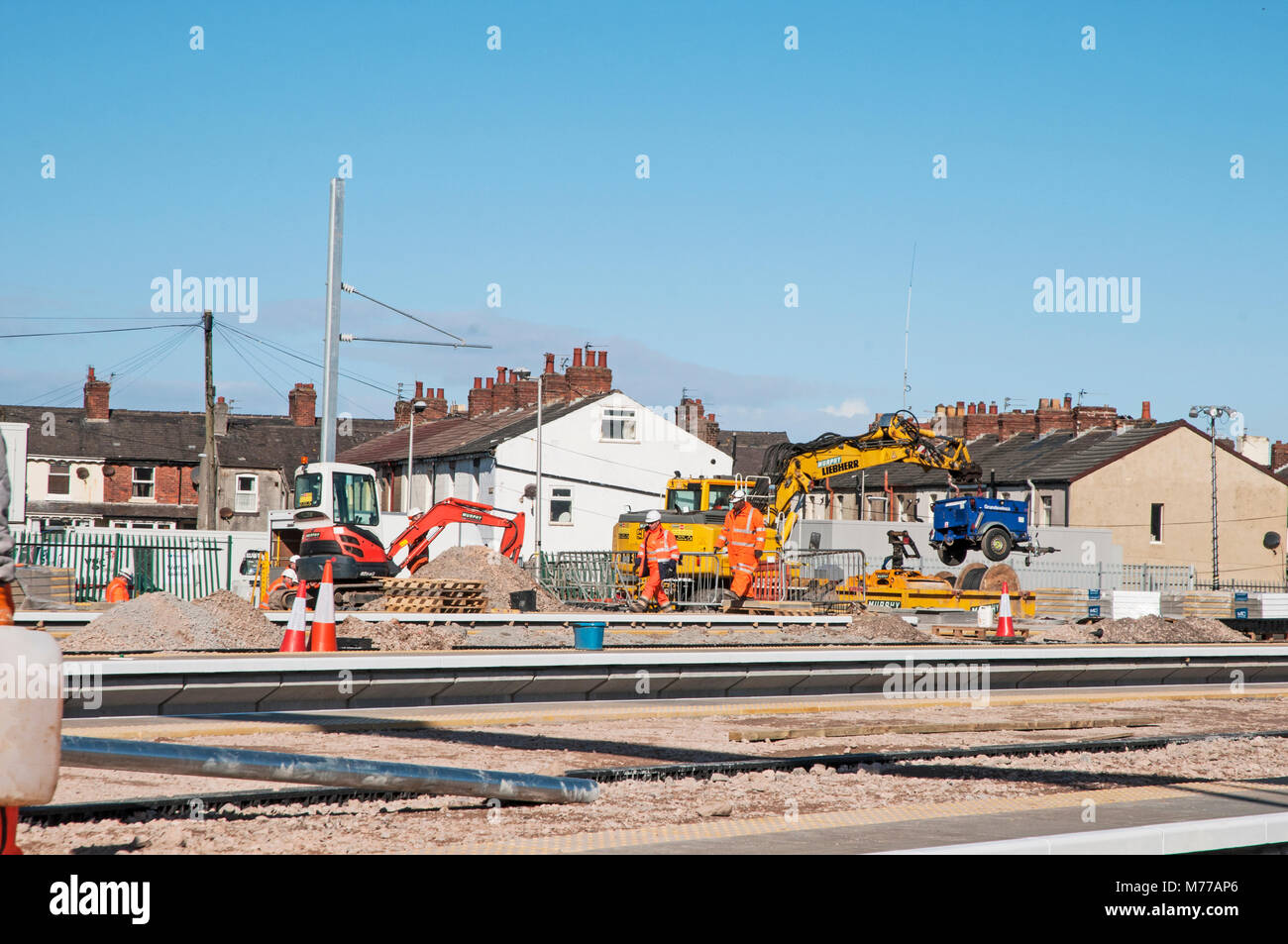 Preparing Platforms and overhead gantrys at Blackpool North station for electrification of Railway line from Preston Stock Photo