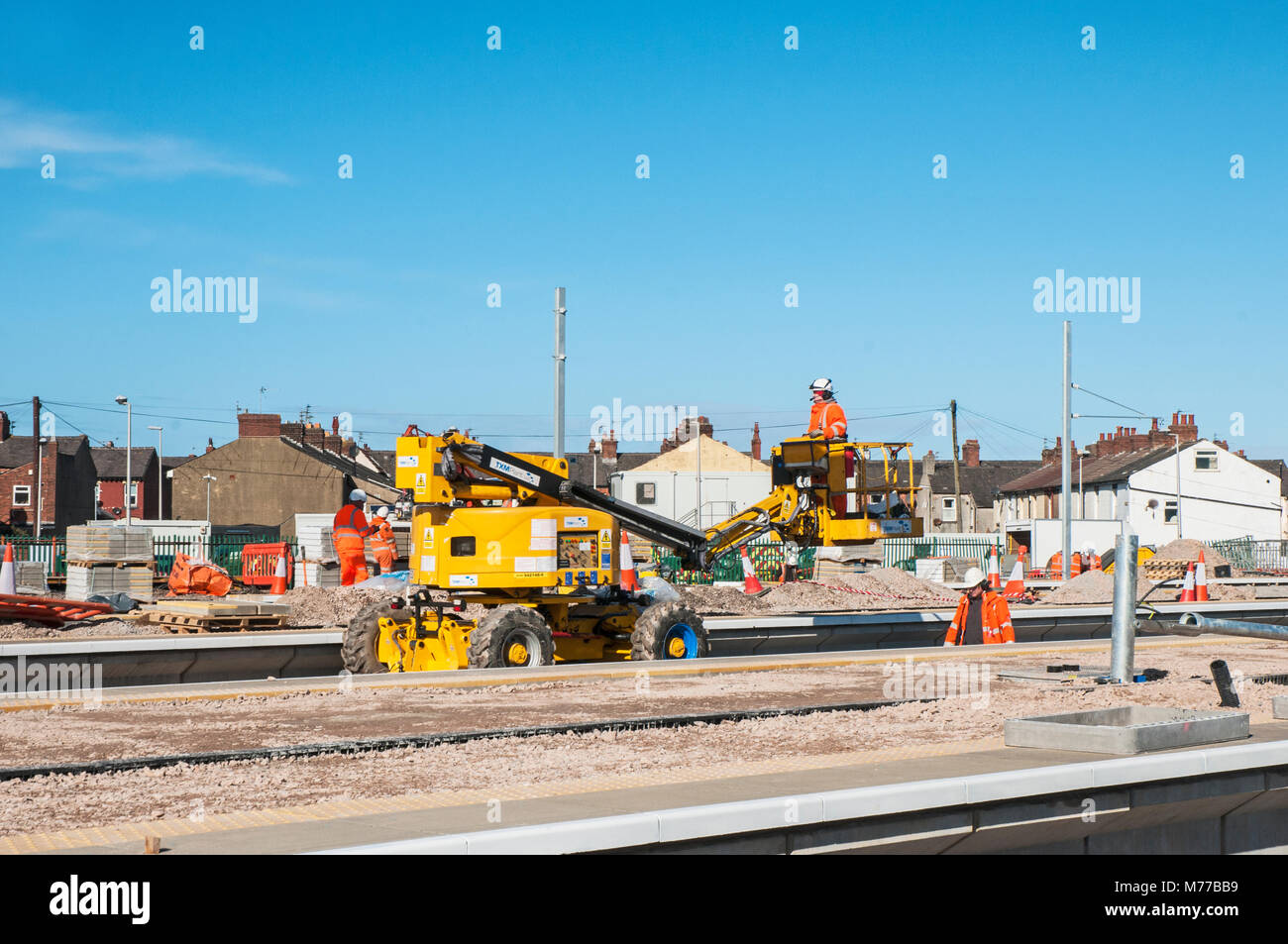 Preparing Platforms and overhead gantrys at Blackpool North station for electrification of Railway line from Preston Stock Photo