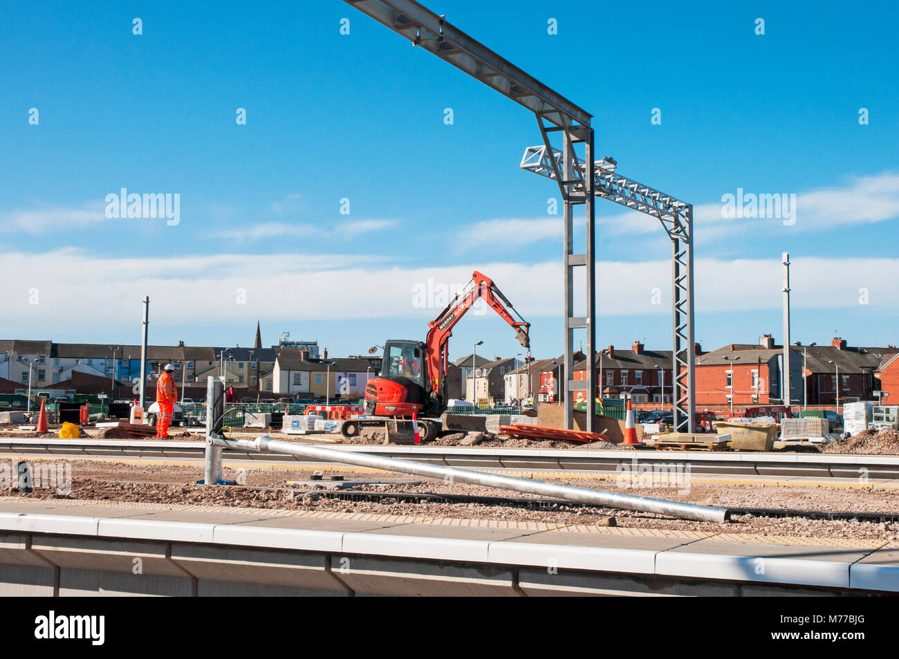 Preparing Platforms and overhead gantrys at Blackpool North station for electrification of Railway line from Preston Stock Photo