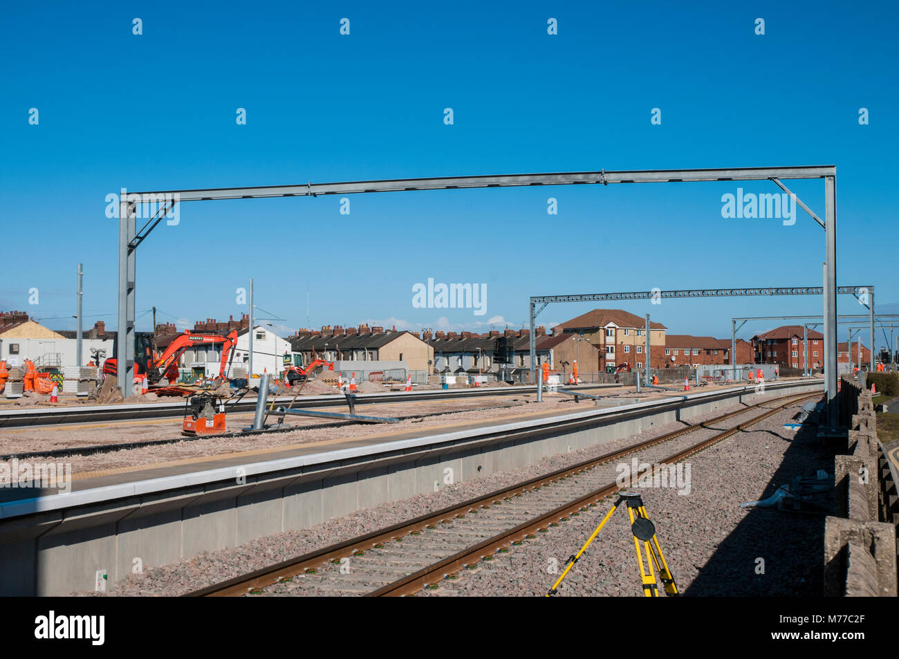 Preparing Platforms and overhead gantrys at Blackpool North station for electrification of Railway line from Preston Stock Photo