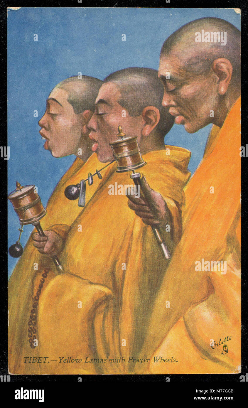 The image features yellow lamas, spiritual leaders, accompanied by ...