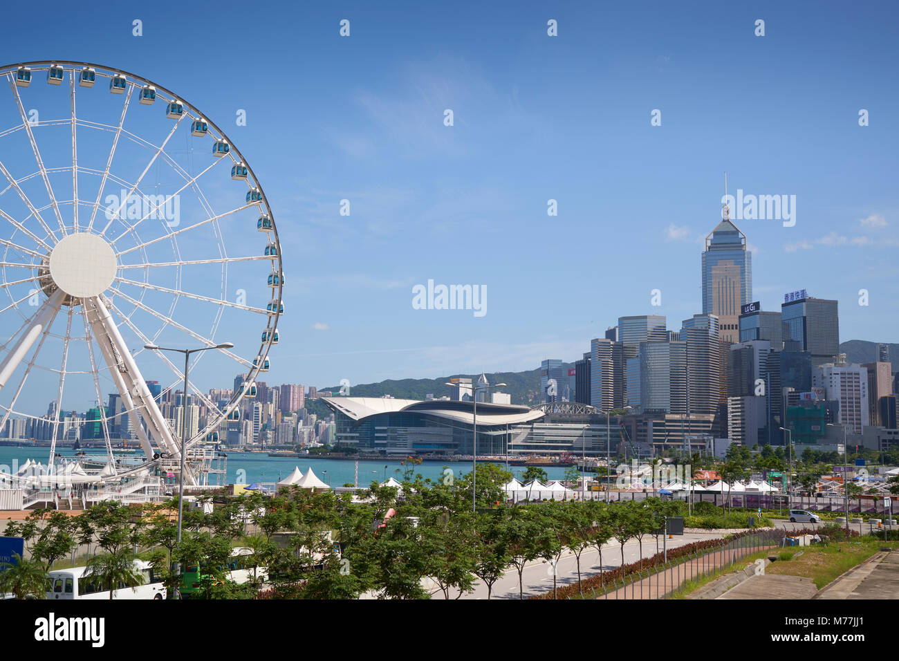The Hong Kong Observation Wheel, Victoria Harbour, beyond is the International Convention Centre, Hong Kong Island, Hong Kong, China, Asia Stock Photo