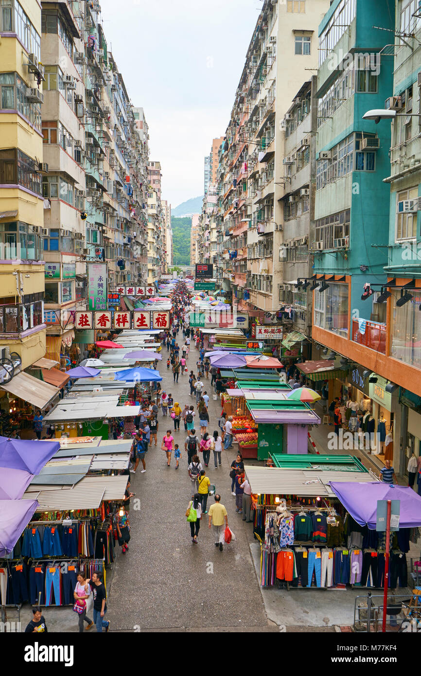 A busy market street in Mong Kok (Mongkok), Kowloon, Hong Kong, China ...