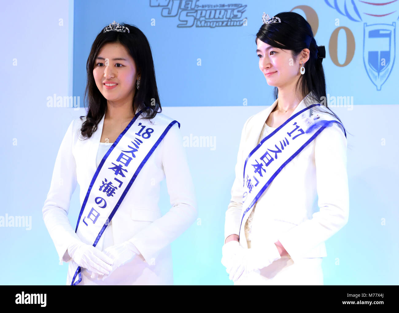 Yokohama, Japan. 8th Mar, 2018. Miss Nippon Marine Day 2017 Yu Mikami (R) and Miss Nippon Marine Day 2018 Remi Yamada (L) attend the awarding ceremony for Japan Boat of the Year at the Japan International Boat Show in Yokohama, suburban Tokyo on Thursday, March 8, 2018. Toyota will strat to sell similar and bigger sized vessel in the United States in 2019 and will put it on the domestic market in 2020. Credit: Yoshio Tsunoda/AFLO/Alamy Live News Stock Photo