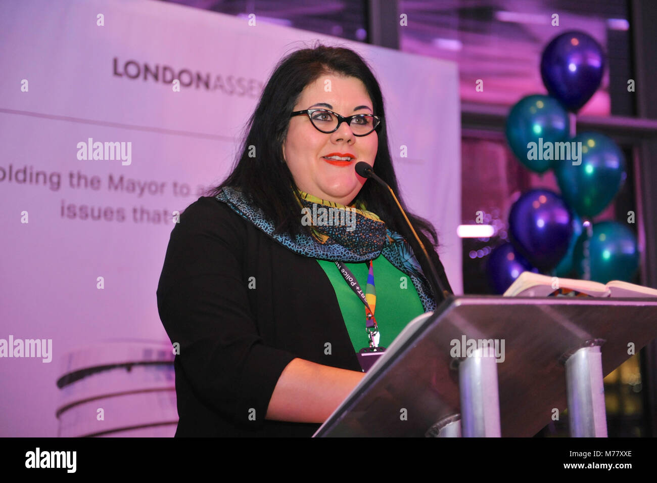 London, UK. 8th March, 2018. Amy Lamé (American-British performer, writer, TV/radio presenter and ’Night Czar' for the Mayor of London) speaking at a reception event in London’s City Hall to celebrate International Women’s Day, hosted by the Chair of the London Assembly, Jennette Arnold OBE AM.   Credit: Michael Preston/Alamy Live News Stock Photo