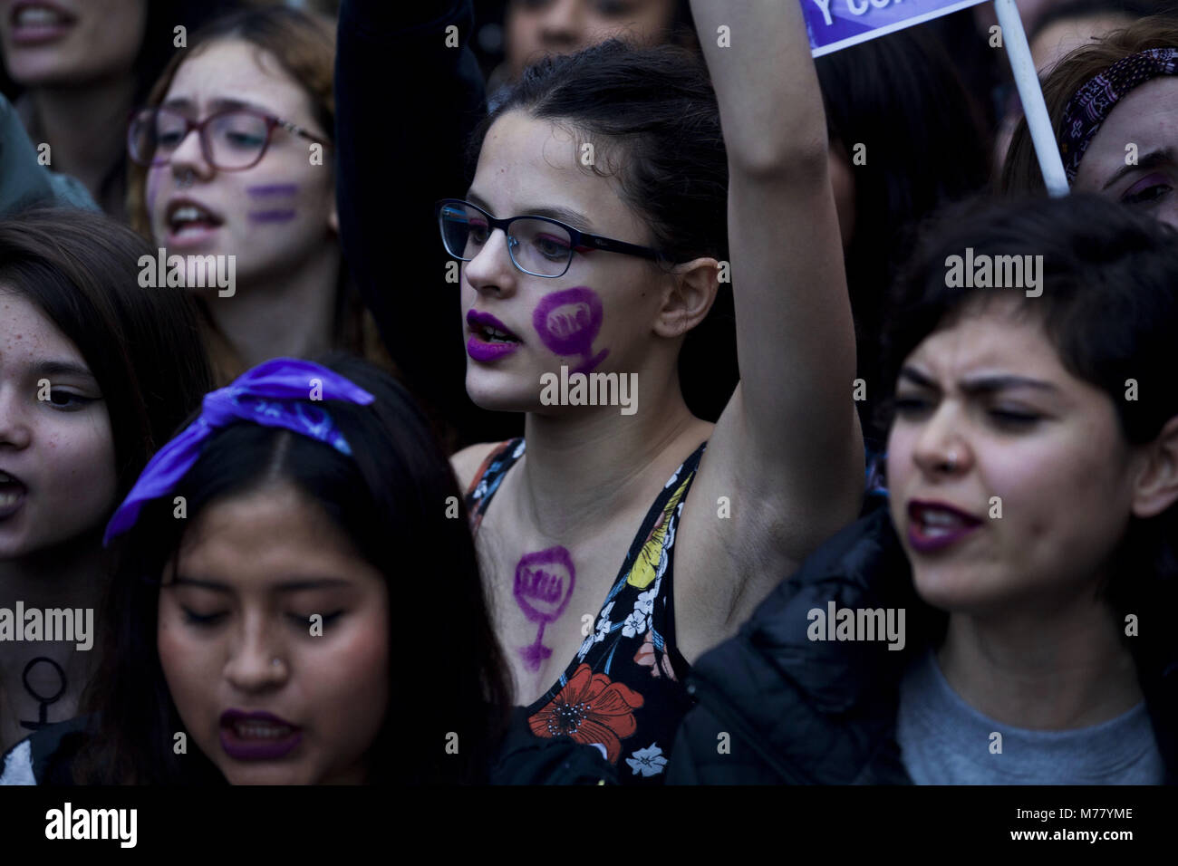 Madrid, Spain. 8th Mar, 2018. A female participant seen at the demonstration.Thousands of people marched today through the streets of Madrid and around the world this March 8 Women's Day for equal opportunities, fairer wages for women, social justice, hundreds of political and feminist groups marched together, singing slogans in favor of the freedoms between men and women. Credit: Mario Roldan/SOPA Images/ZUMA Wire/Alamy Live News Stock Photo