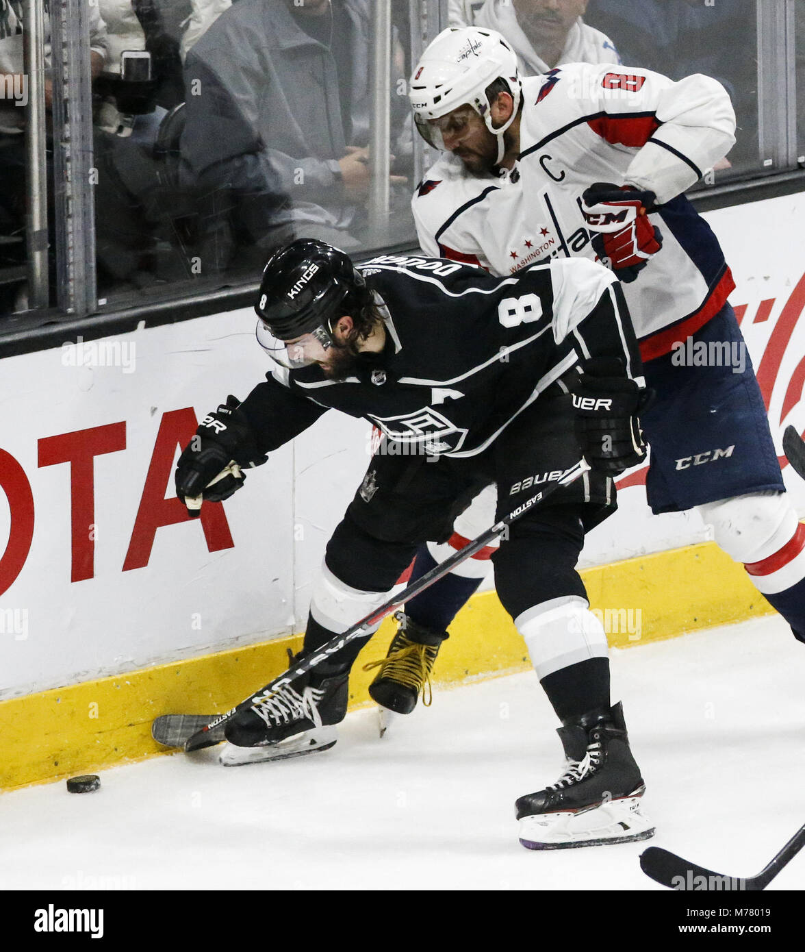 Los Angeles, California, USA. 8th Mar, 2018. Los Angeles Kings' defenseman Drew Doughty (8) vies with Washington Capitals' forward Alex Ovechkin (8) during a 2017-2018 NHL hockey game in Los Angeles, on March 8, 2018. The Kings won 3-1. Credit: Ringo Chiu/ZUMA Wire/Alamy Live News Stock Photo