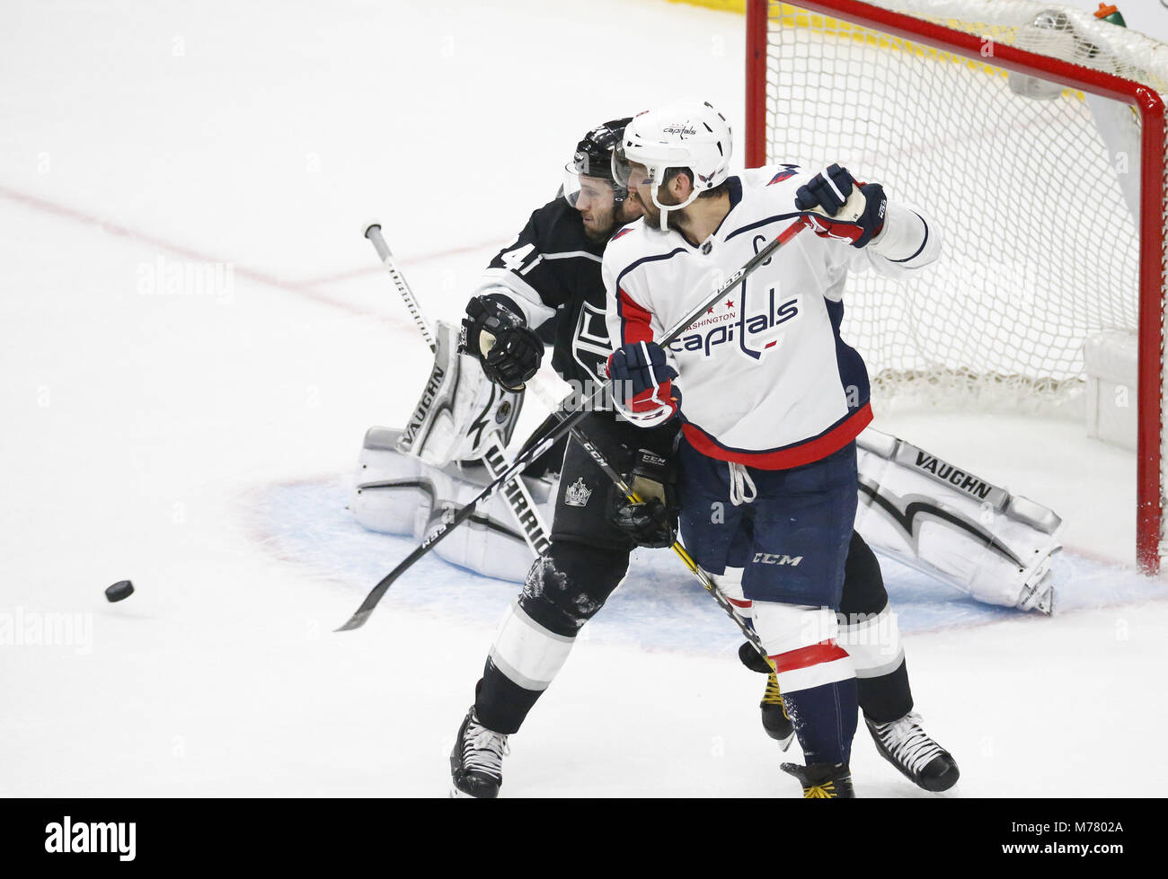 Los Angeles, California, USA. 8th Mar, 2018. Los Angeles Kings' defenseman Derek Forbort (24) vies with Washington Capitals' forward Alex Ovechkin (8) during a 2017-2018 NHL hockey game in Los Angeles, on March 8, 2018. The Kings won 3-1. Credit: Ringo Chiu/ZUMA Wire/Alamy Live News Stock Photo