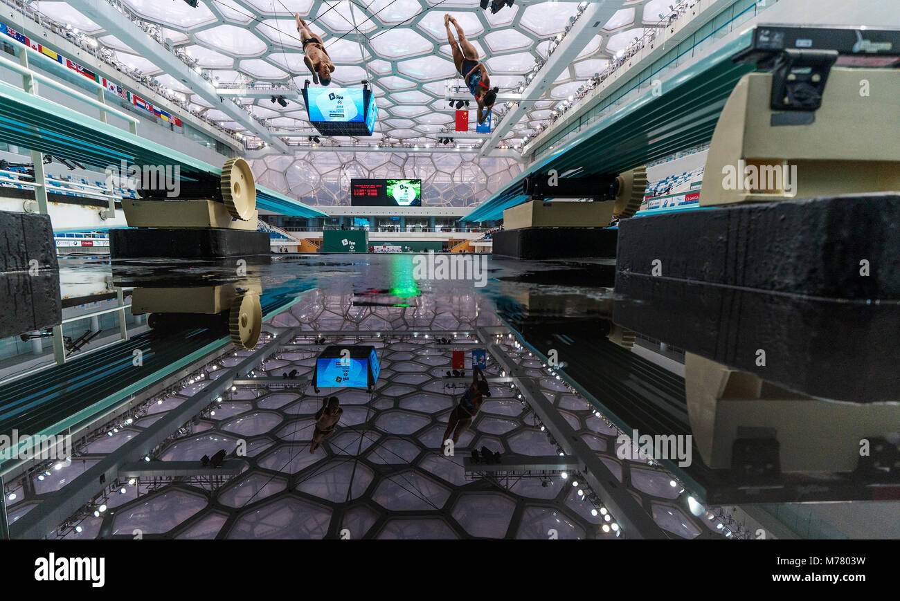 Beijing, China. 9th Mar, 2018. Divers takes part in a trainning session ahead of the women's 10m synchro platform match at the FINA Diving World Series 2018 in Beijing, capital of China, on March 9, 2018. Credit: Fei Maohua/Xinhua/Alamy Live News Stock Photo
