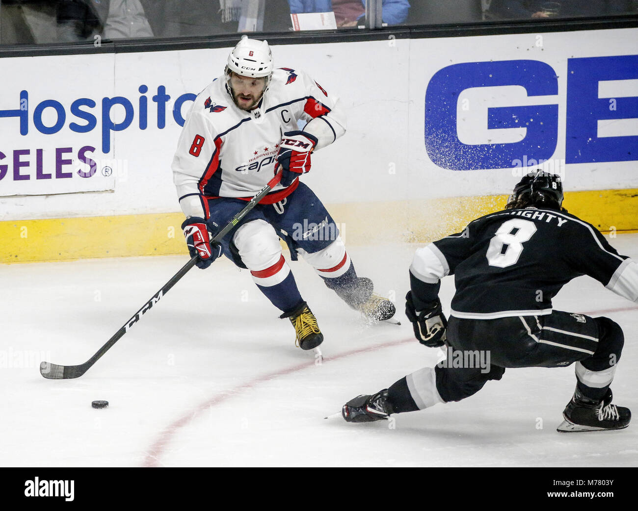 Los Angeles, California, USA. 8th Mar, 2018. Washington Capitals' forward Alex Ovechkin (8) vies with Los Angeles Kings' defenseman Drew Doughty (8) during a 2017-2018 NHL hockey game in Los Angeles, on March 8, 2018. The Kings won 3-1. Credit: Ringo Chiu/ZUMA Wire/Alamy Live News Stock Photo