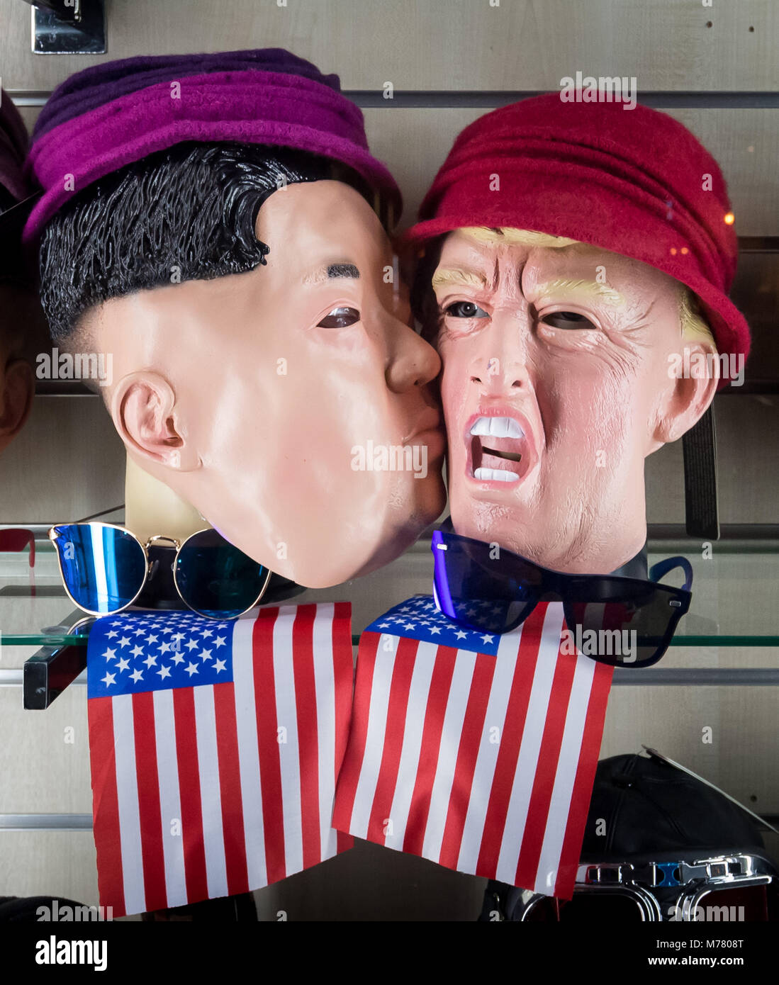 London, UK. 22nd Jan, 2018. Kim Jong-un and Donald Trump face masks are arranged provocatively in a west London shop window. Credit: Guy Corbishley/Alamy Live News Stock Photo