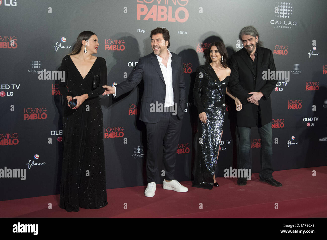 Julieth Restrepo, Javier Bardem, Penelope Cruz and Fernando Leon de Aranoa at the Premiere of 'Loving Pablo' in Madrid, 07.03.2018 | Verwendung weltweit Stock Photo