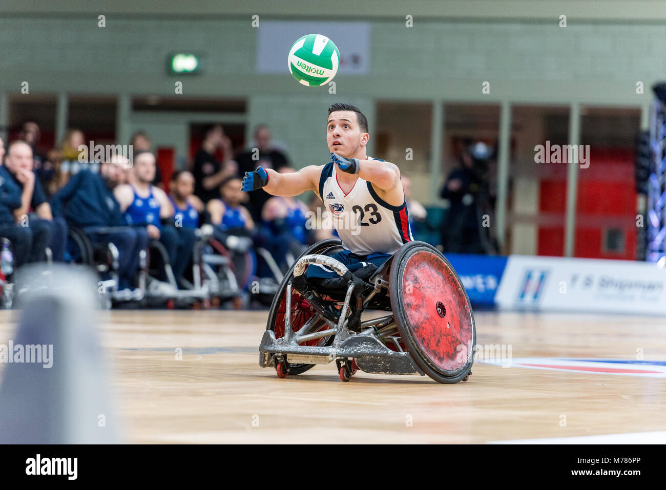 Leicester, UK, 9th Mar, 2018. Wheelchair Rugby: Quad Nations GBR vs USA at Leicester Arena.   Day one, GBR vs USA Wheelchair Rugby.  USA's Alejandro Pabon (23) chasis the ball during play. (c) pmgimaging /Alamy Live News Stock Photo