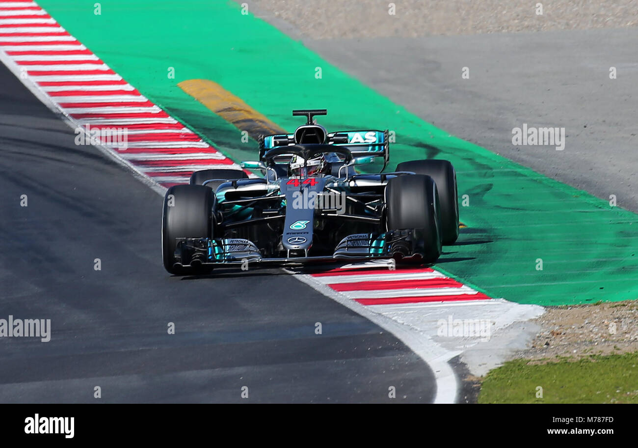 Barcelona, Spain. 09th Mar, 2018. Mercedes of Lewis Hamilton during the Formula 1 tests at the Barcelona-Catalunya Circuit, on 09th March 2018, in Barcelona, Spain. Credit: Gtres Información más Comuniación on line, S.L./Alamy Live News Stock Photo
