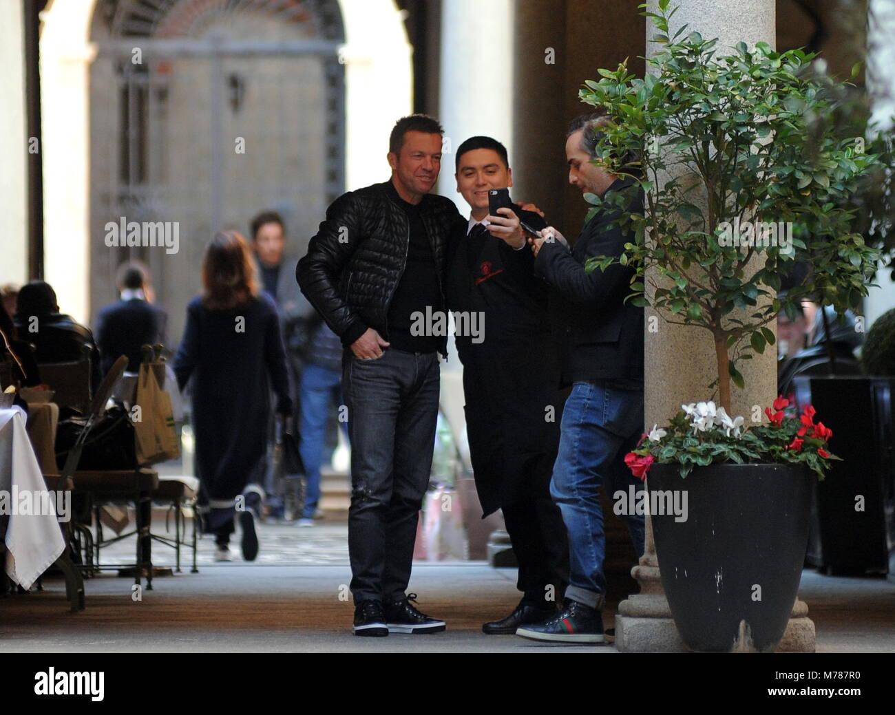 Milan, Lothar Matthaus at lunch in a restaurant in the center with a friend Lothar Matthaus, former champion of Inter and of the national team of Germany as well as coach, arrives in the center to participate in the 110th anniversary of the INTER foundation, a team in which he has played from 1988 to 1992, winning also a Scudetto. In the afternoon he took the opportunity to walk around the center, also going to lunch at the "SALUMAIO DI MONTENAPOLEONE" together with a friend. Stock Photo