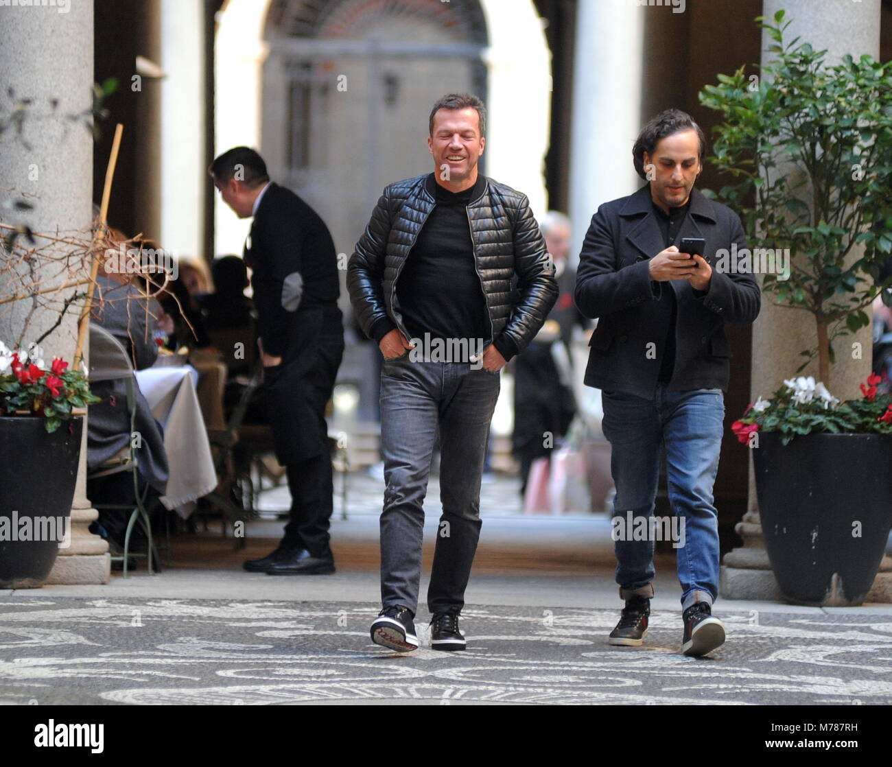 Milan, Lothar Matthaus at lunch in a restaurant in the center with a friend Lothar Matthaus, former champion of Inter and of the national team of Germany as well as coach, arrives in the center to participate in the 110th anniversary of the INTER foundation, a team in which he has played from 1988 to 1992, winning also a Scudetto. In the afternoon he took the opportunity to walk around the center, also going to lunch at the "SALUMAIO DI MONTENAPOLEONE" together with a friend. Stock Photo