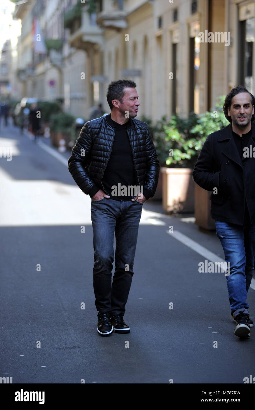Milan, Lothar Matthaus at lunch in a restaurant in the center with a friend Lothar Matthaus, former champion of Inter and of the national team of Germany as well as coach, arrives in the center to participate in the 110th anniversary of the INTER foundation, a team in which he has played from 1988 to 1992, winning also a Scudetto. In the afternoon he took the opportunity to walk around the center, also going to lunch at the "SALUMAIO DI MONTENAPOLEONE" together with a friend. Stock Photo