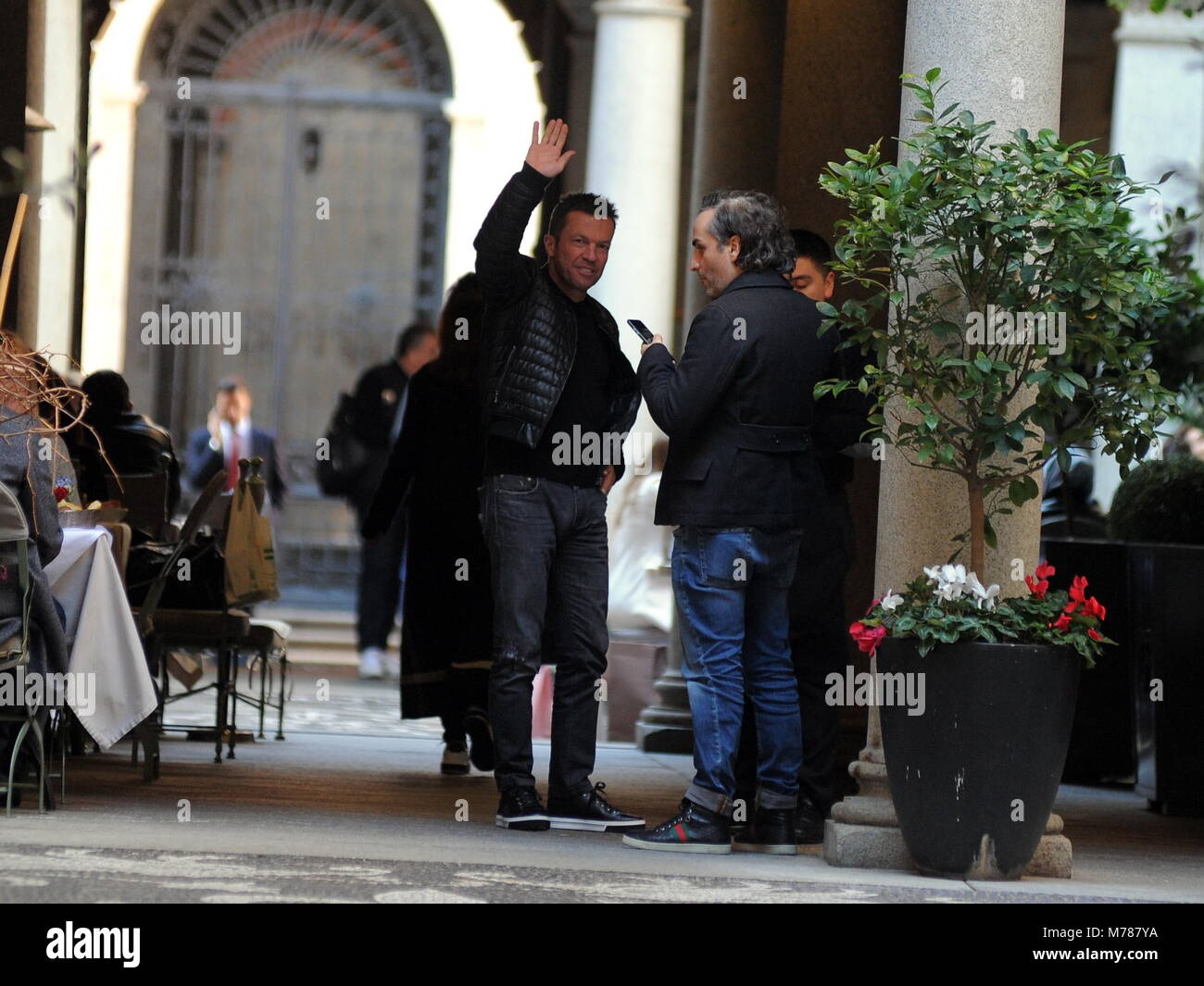 Milan, Lothar Matthaus at lunch in a restaurant in the center with a friend Lothar Matthaus, former champion of Inter and of the national team of Germany as well as coach, arrives in the center to participate in the 110th anniversary of the INTER foundation, a team in which he has played from 1988 to 1992, winning also a Scudetto. In the afternoon he took the opportunity to walk around the center, also going to lunch at the "SALUMAIO DI MONTENAPOLEONE" together with a friend. Stock Photo